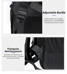 Detail view of adjustable strap buckle and reinforced triangular stitching on black backpack