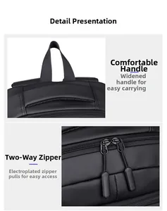Detail view of widened handle and two-way electroplated zipper on black business backpack