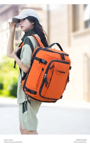 Outdoor vibrant orange nylon travel backpack with adjustable buckles and side mesh pockets