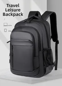 Detail view of internal compartments for laptop and iPad in black travel backpack