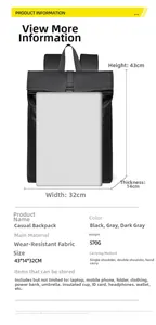 Detailed size chart for black laptop backpack measuring 43x32x14cm and weighing 570g