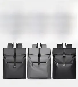 Close-up of waterproof fabric and adjustable buckle on three sleek commuter backpacks