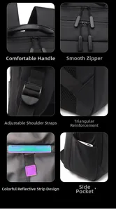 Detalles de mochila para portátil: cremalleras suaves, correas y bolsillos laterales
