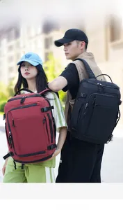Outdoor backpacks in black and burgundy featuring side buckles and multiple zip pockets