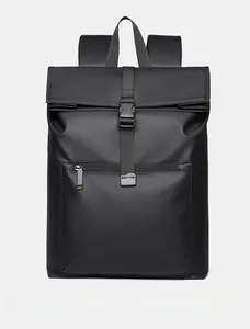 Front view of a black business backpack with waterproof nylon and buckle closure