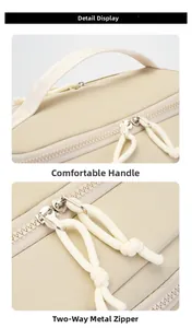 Detail of durable beige fabric, reinforced top handle and dual metal zippers with cord pulls