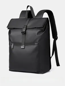 Detail view of water-resistant business backpack with buckle closure and zipper pocket
