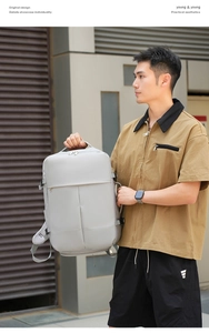 Macro detail of grey waterproof business backpack with side handle and modern texture