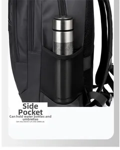 Detail of laptop backpack side mesh pocket holding a stainless steel water bottle