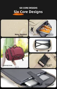 Detail showing water-resistant fabric, independent shoe compartment, and laptop sleeve of the backpack