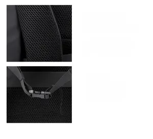 Detail of breathable honeycomb mesh back and adjustable chest buckles on black backpack
