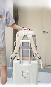 Close-up of cream travel backpack with luggage strap and padded shoulder straps