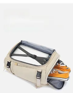 Detail view of large capacity backpack with separate shoe compartment and laptop sleeve