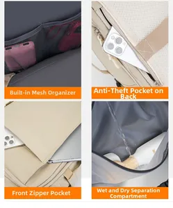 Detail view of the multi-functional compartments, wet-dry pocket and anti-theft back pocket