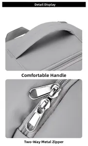 Detail view of reinforced webbing handle and smooth dual metal zippers on travel backpack