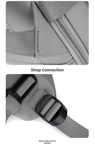 Macro shot of reinforced stitching and durable plastic strap adjustment buckle on grey backpack