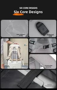 Detail view of business backpack with USB port, waterproof fabric, and laptop compartment