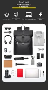 Detail of multi-layer storage for a 15.6-inch laptop in a black waterproof backpack