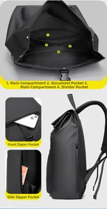 Detail view of large capacity business backpack with internal compartments and mesh padding