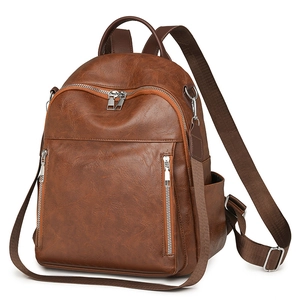 Vintage brauner Lederrucksack für Damen mit Multi-Taschen-Design und silbernen Zippern