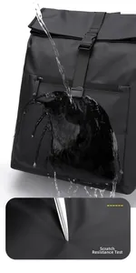 Waterproof business backpack showing scratch resistance test and rain splash protection