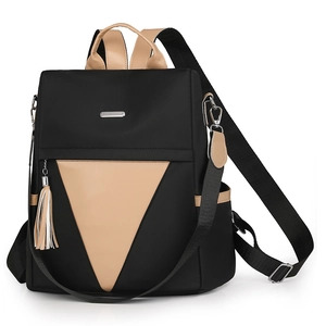 Large capacity nylon travel backpack for women in black and beige color-block design
