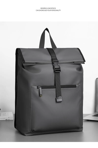 Detail of dark grey business backpack with flap cover and adjustable buckle closure