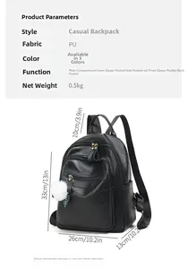 Detailed size chart of black PU leather backpack with dimensions 33x26x13cm