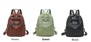 Three minimalist soft leather backpacks shown in brown, green, and black vintage colors