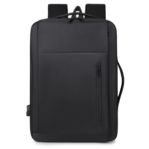 Expandable black business laptop backpack with USB charging port and waterproof fabric