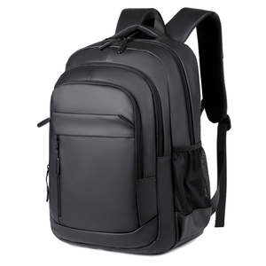 Black 15-inch laptop backpack for business travel with multiple compartments and side pockets