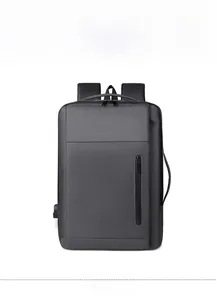 Vertical front view of a dark grey business laptop backpack with matte waterproof texture