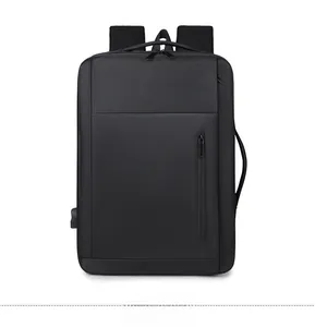 Detail view of black expandable business backpack with USB port and waterproof fabric