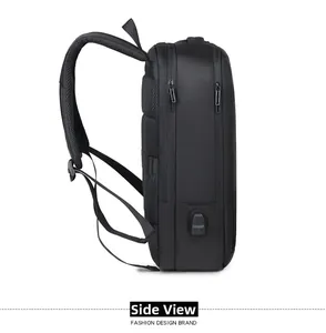 Side view of black business backpack showing built-in USB port and layered zipper pockets