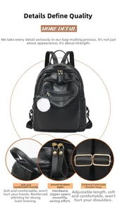 Detail view of black PU leather backpack showing sturdy handle and metal zippers