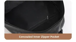 Detail showing internal hidden zipper pocket of a black leather backpack with textile lining