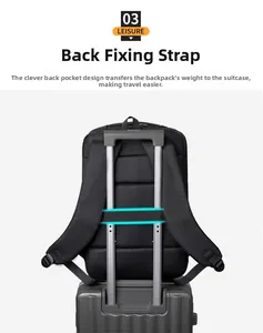 Detail of expandable laptop backpack with luggage strap and breathable mesh back