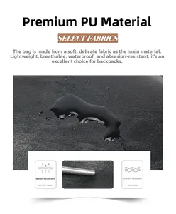 Detailed view of waterproof black PU leather material with water droplets and texture