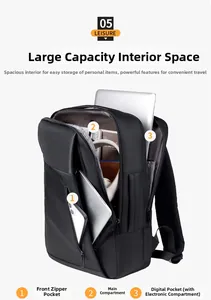Detail view of large capacity business backpack showing organized compartments and laptop sleeve