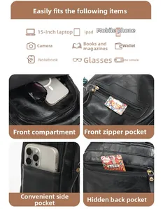 Detailed view of black leather backpack compartments and 15-inch laptop storage layout