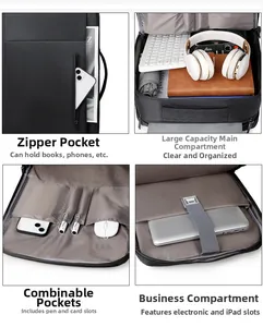 Detail view of internal compartments for laptop, headphones and office supplies in black backpack