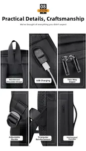 Detail view of reinforced straps, USB port, and metal zippers on black business backpack