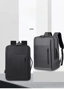 Detail of expandable black and grey business backpacks with waterproof nylon fabric