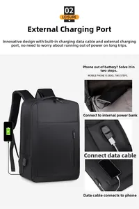 Detail of expandable laptop backpack showing integrated USB charging port and cable connection