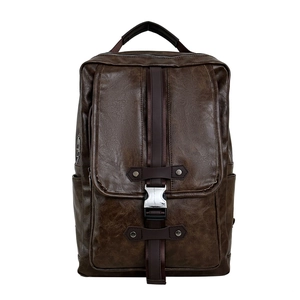Retro brown PU leather backpack with vintage texture and silver metal buckles