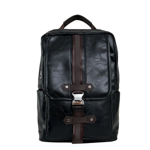 Classic black PU leather backpack with brown strap accents and metallic buckle closure