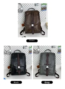 Close-up of retro PU leather backpacks in brown, black and grey with plush bear charms