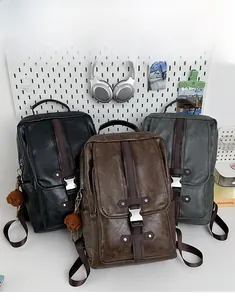 Detailed view of vintage PU leather backpacks with metal buckles and plush bear charms