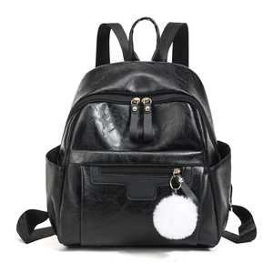 Women Fashion Backpack PU Leather Large Capacity Multi Pocket Waterproof Casual Travel Student Daypack With Fur Ball Pendant