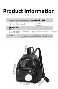 Detail view of black PU leather backpack showing dimensions and soft white pompom charm